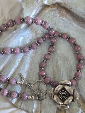 Handcrafted Rhodonite Beaded Necklace with Silver Rose Pendant